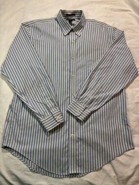 Lands’ End No Iron Men's Blue and White Stripe Button-Down Dress Shirt